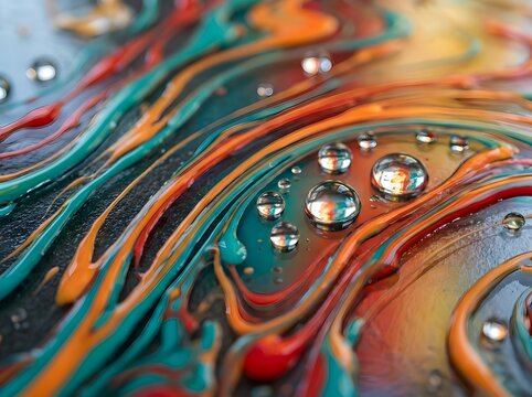 Colorful paint swirls with clear water droplets macro abstract background