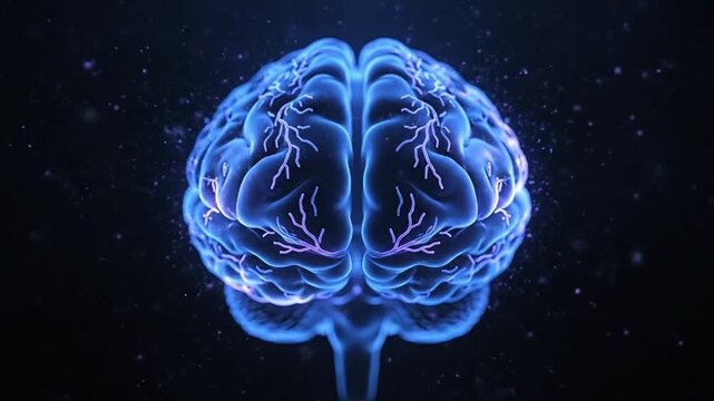 A glowing digital human brain model floating in dark space
