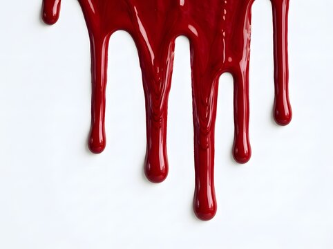 Thick red paint dripping down a white background surface with dripping, abstract