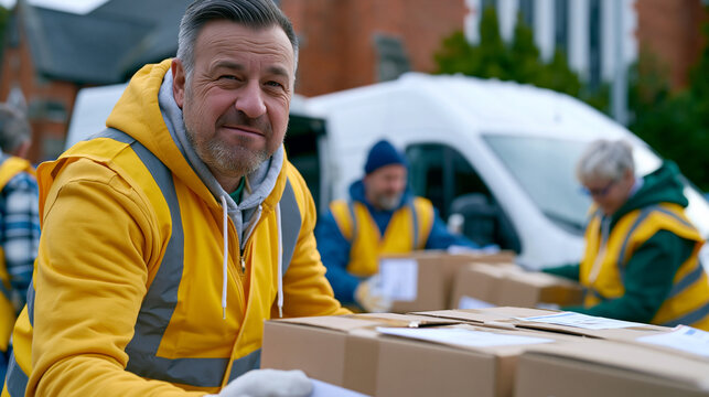 Faith community volunteers in matching vests loading food bank boxes onto van outside brick church in overcast morning light, organized charity service outreach collective action congregation social