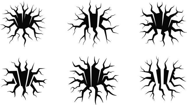 Black crack vector set ground fracture quake break line icon