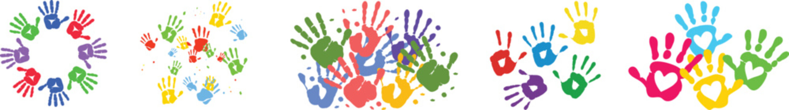 Creative paint hands prints. Happy childhood design. Artistic kids stamp, bright human fingers and palm. Vector illustration.Handprints icon vector illustration. Colorful and Black handprints set