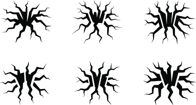 Black crack vector set ground fracture quake break line icon
