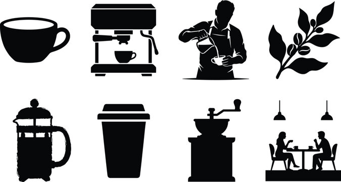 Coffee shop silhouette icons set featuring barista espresso machine french press grinder cup and plant vector illustrations