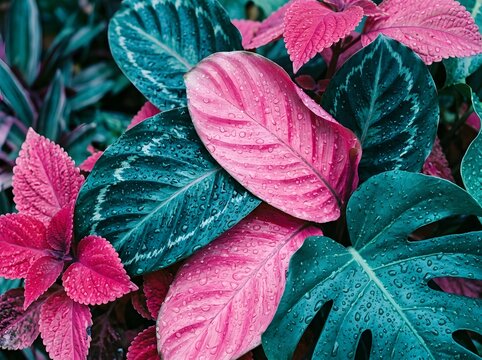Pink and deep green tropical leaves with water droplets tropical botanical