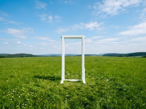 Conceptual white door frame standing alone in a green meadow with landscape
