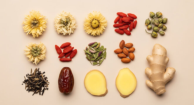 Dried chrysanthemum flowers, goji berries, ginger, and herbal tea ingredients