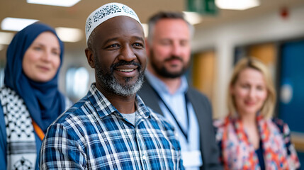 Obraz premium Multifaith chaplaincy team in hospital corridor briefing session, diverse religious identifications evident, collaborative pastoral care planning, healthcare spiritual wellness interfaith profession