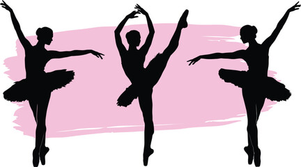 Elegant ballerina silhouettes vector illustration set featuring female ballet dancers performing on a pink watercolor brush background © MST