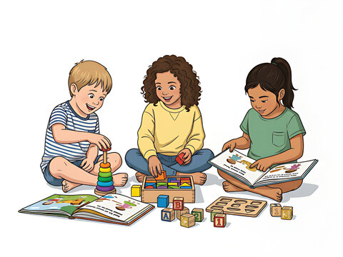 Minimalist Happy Kids Playing with Educational Toys and Books.