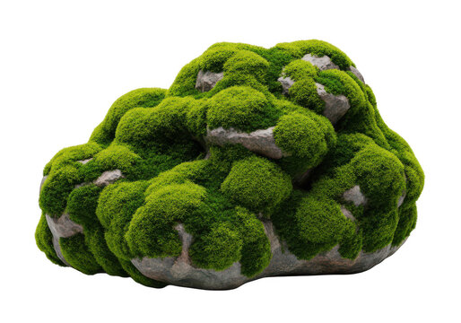 Stone boulder covered with fresh green moss isolated on transparent background for garden landscape design elements 3d render high quality cutout asset.