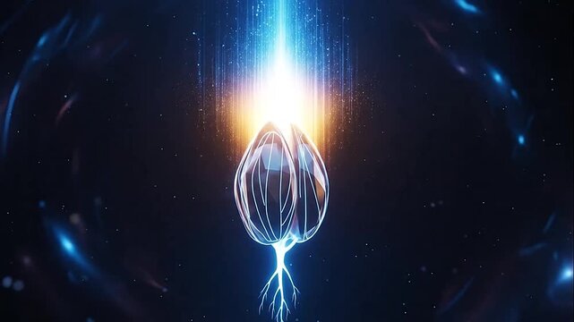 A glowing abstract structure floats in a dark cosmic space