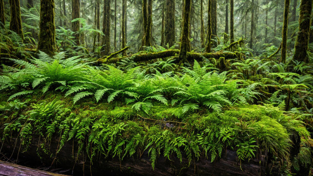 Vibrant Ferns and Lush Moss Growing on a Decaying Log in Temperate Rainforest