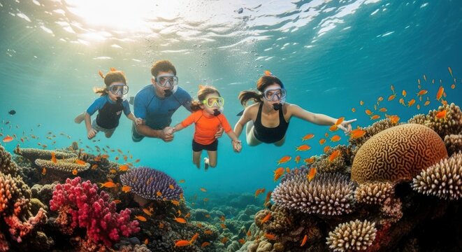 Family snorkeling adventure exploring vibrant coral reefs underwater.