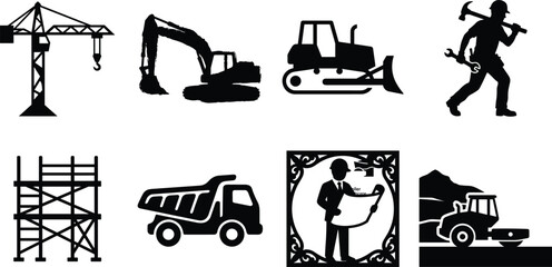 Construction site elements set featuring crane excavator bulldozer laborer scaffolding dump truck architect and road roller image_45e280.png vector illustration © Gauranga