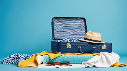 Obraz premium Open blue suitcase packed for summer vacation with beach accessories on blue background