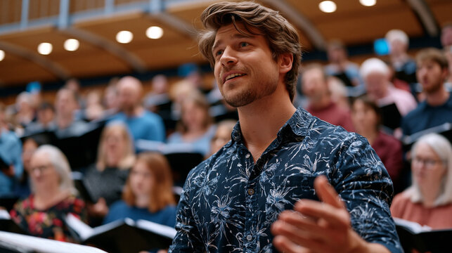 Secular community choir rehearsing original humanist anthems in school auditorium, music director gesturing expression, sheet music stands, nonreligious community belonging meaning ritual song colle