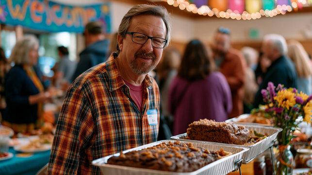 Secular humanist community gathering in rented hall, potluck tables, hand-lettered welcome banner, multigenerational atheist families connecting, community building nonreligious meaning support netw