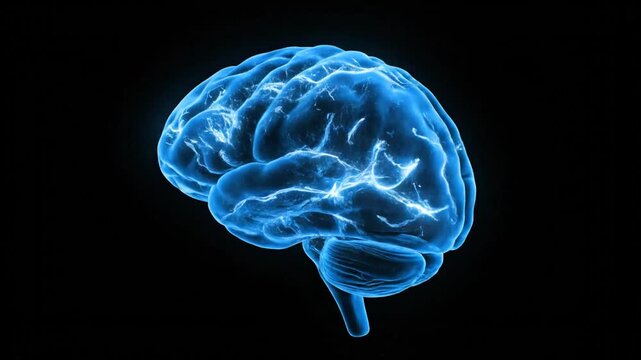 A glowing blue human brain model showing active neural connections