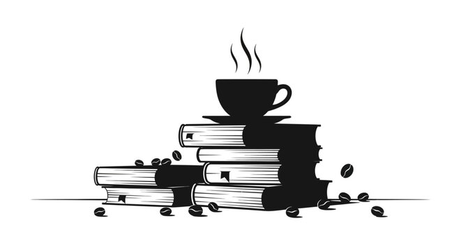 A black and white ink sketch illustration of a steaming coffee cup resting on a stack of old books surrounded by scattered coffee beans.