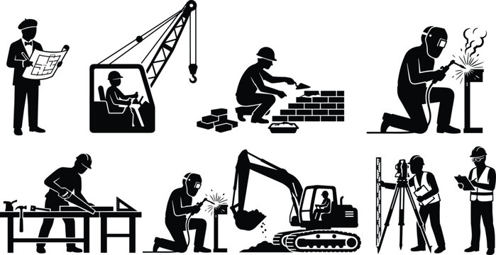 Construction workers silhouette set featuring architect crane operator bricklayer welder carpenter excavator driver surveyor and safety inspector vector illustration