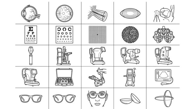 Black and white line drawing of various eye care related objects.