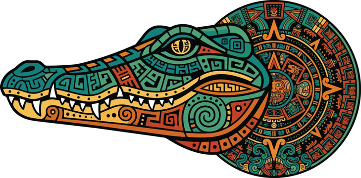 Vibrant Vector Illustration of a Mythical Aztec Crocodile God with Intricate Symbolic Patterns and Sacred Art Design lines digital tracing