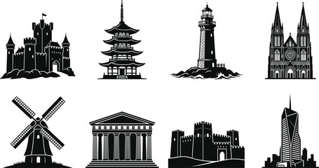 Obraz premium Architectural Silhouette Vector Illustrations Featuring Castle Pagoda Lighthouse Cathedral Windmill Temple Fortress 