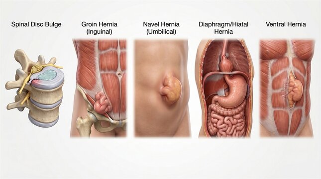 Anatomical illustration of different hernia types and disc bulge