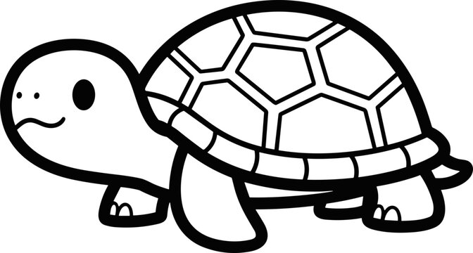 Cute cartoon turtle outline, simple black and white drawing, isolated on white background.