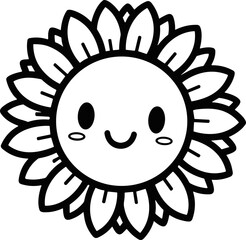 Cute happy sunflower cartoon, black and white line drawing, cheerful face, simple vector illustration. © 50mas