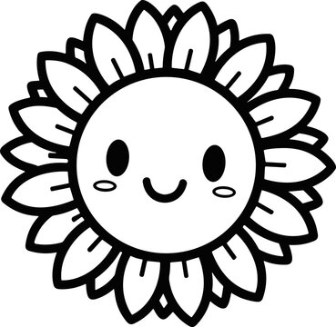 Cute happy sunflower cartoon, black and white line drawing, cheerful face, simple vector illustration.