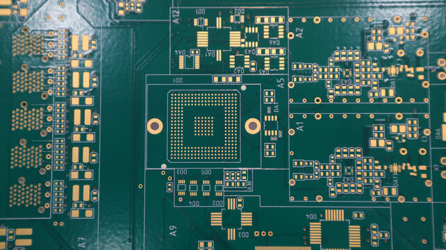 An unpopulated green printed circuit board .