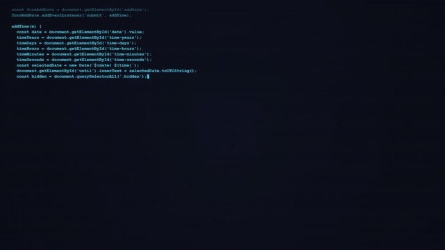 Scrolling Blue JavaScript Programming Syntax on a Dark Terminal Screen Representing a Software Hack Concept