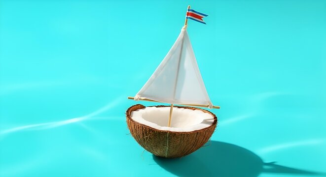 Coconut boat with sail on calm water