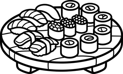 Sushi platter illustration, black and white line art, Japanese food, nigiri, maki rolls, ikura © Afganganteng