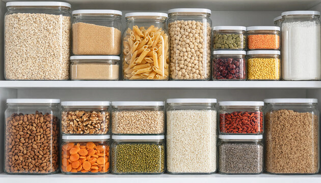 Organized pantry shelves with clear plastic containers holding dry goods container organized ingredients transparent supplies lifestyle culinary nutrition domestic stackable interior