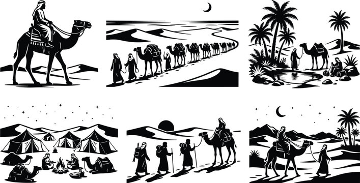 Desert caravan black icon set with camel rider sand dunes oasis camp and bedouin travelers vector silhouette illustration isolated on white background