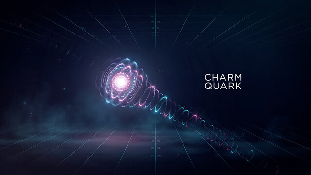 Charm quark particle physics representation with glowing spiral and lines on dark background  scientific illustration