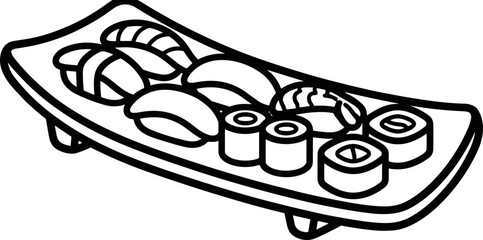 Hand Drawn Sushi Platter with Nigiri and Maki Rolls - Black and White Line Art © Domboancok