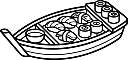 Sushi Boat Illustration - Black and White Line Art © Domboancok