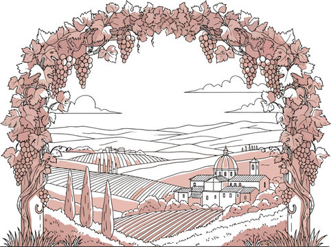 Tuscan vineyard landscape illustration with grape vines archway rolling hills and cypress trees