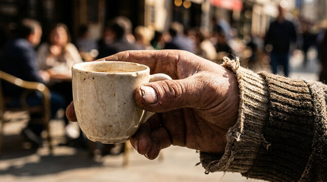 Homeless Person Holding Cup in Hand