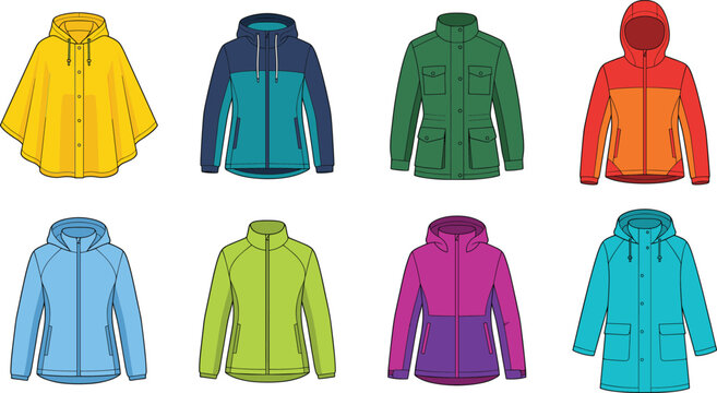 Collection of outdoor rainwear and lightweight jacket templates including ponchos raincoats and windbreakers vector illustrations
