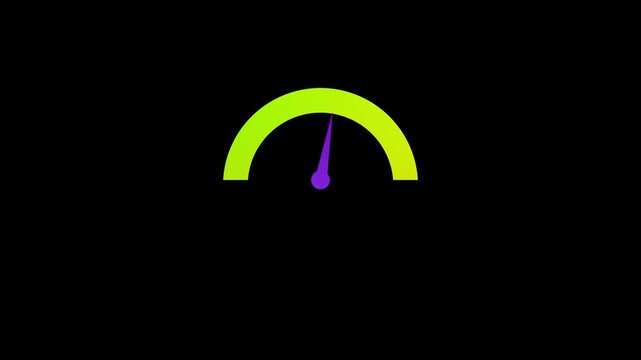 A dynamic animation of a speedometer with a vibrant green arc and a purple needle.