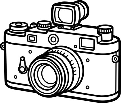 Retro camera illustration, vintage photography, classic film camera with flash, line art drawing