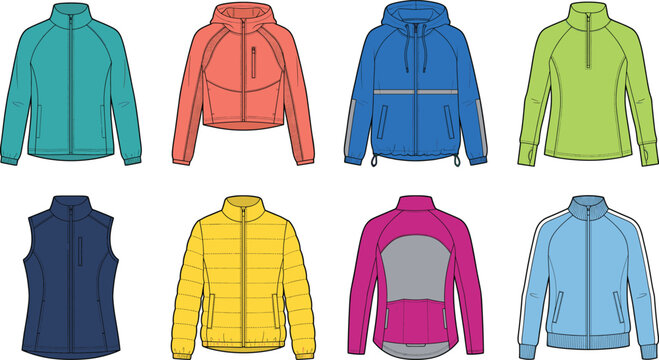 Collection of sportswear jackets and outerwear templates including windbreakers track jackets and fleece vector illustrations