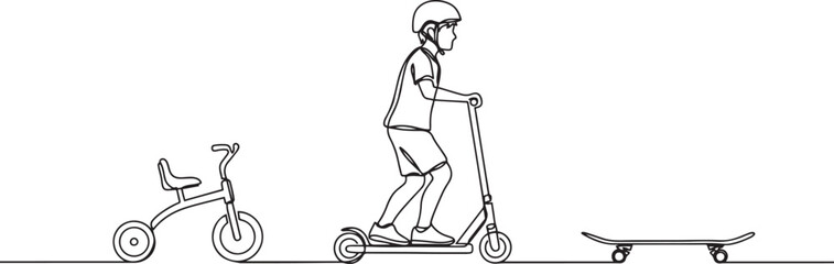 Obraz premium Boy in a protective helmet on a scooter with tricycle and skateboard set one line art. Continuous line drawing sport, scooter, transportation. one line Icon drawing