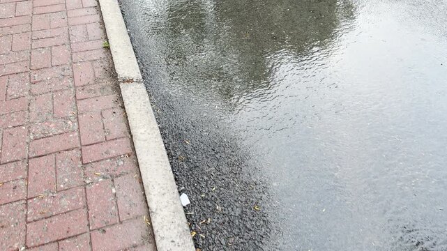 A wide, rippling puddle covers a wet asphalt road from a walking perspective. The cool water pools beside a light stone curb and red brick sidewalk, bringing a quiet and fresh feeling after a shower.