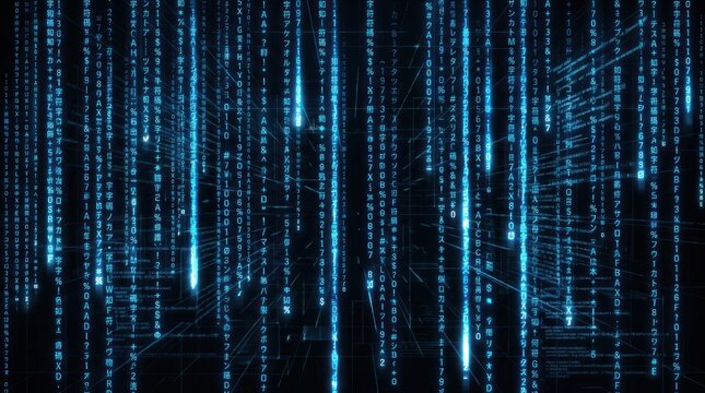 Digital code flows down a dark futuristic cityscape screen
